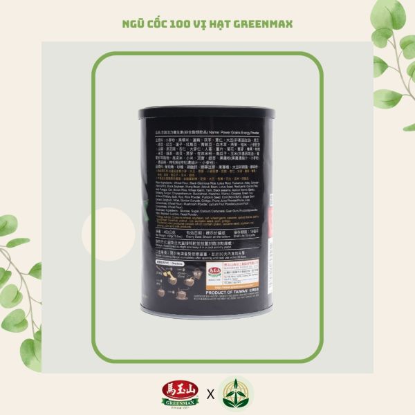 Bột ngũ cốc dinh dưỡng cao cấp 100 vị hạt Pai Ku Grain Greenmax Đài Loan lon 450g nhập khẩu chính ngạch