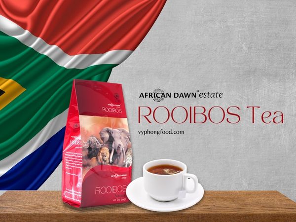 Premium South African Rooibos Tea African Dawn – caffeine-free herbal tea rich in antioxidants, supporting heart health, skin care, and better sleep.