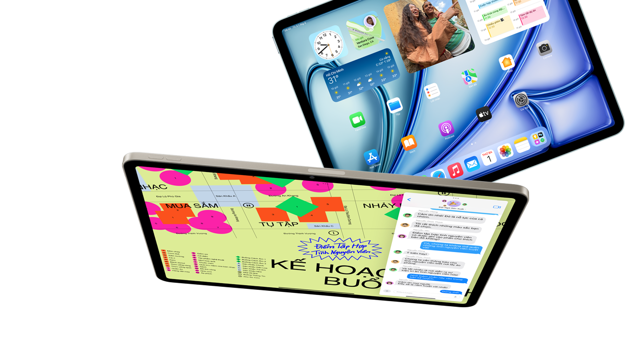 iPad Air mới. Trang bị chip Apple M3 mạnh mẽ. Sẵn sàng cho mọi việc. Được thiết kế cho Apple Intelligence.