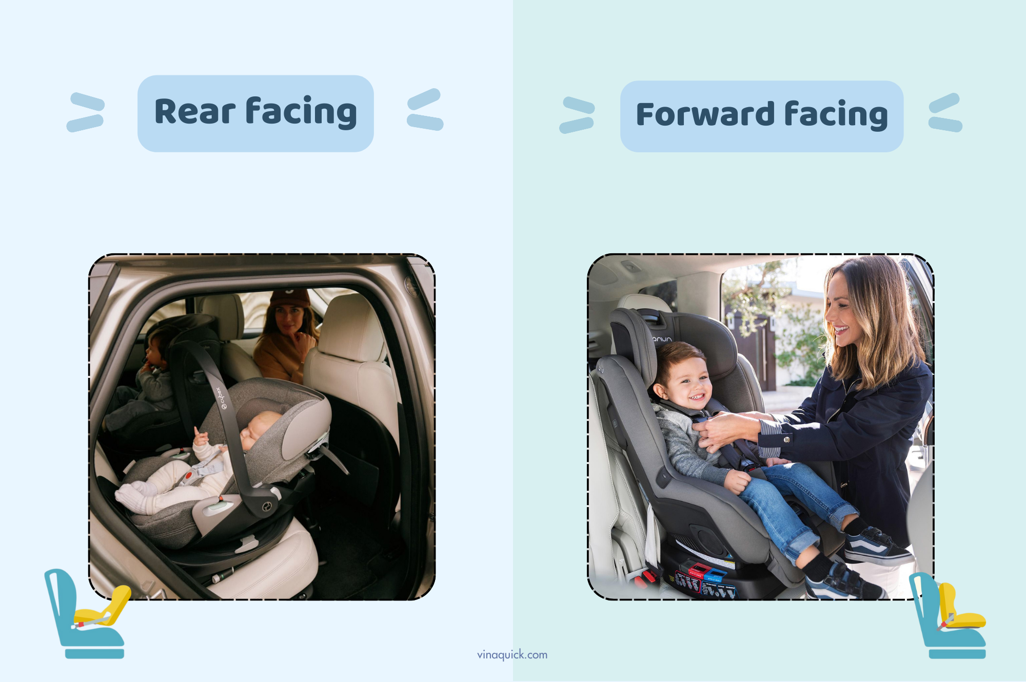 Tìm hiểu sự khác biệt tư thế ngồi Rear Facing và Forward Facing – Vinaquick